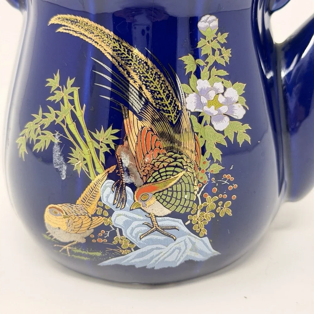 Vintage Japanese Cobalt Blue Gold Teapot Pheasant Bamboo Rattan Handle 7.5